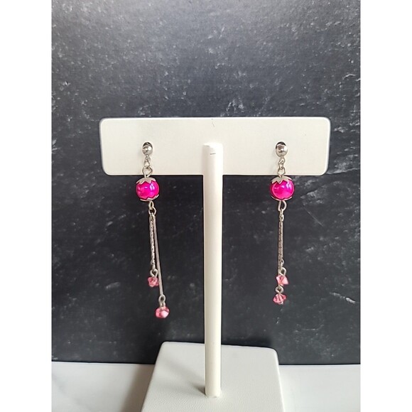 Korean Silver Tone Metal Pink Faux Pearl & Rhinestone Dangling Pierced Earrings - Picture 4 of 10